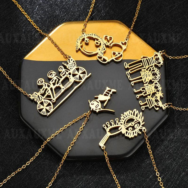 DIY Cutsom Drawing Art Necklaces Personalized Stainless Steel Kids Artwork Logol Pendant Jewelry Gifts for Family Children
