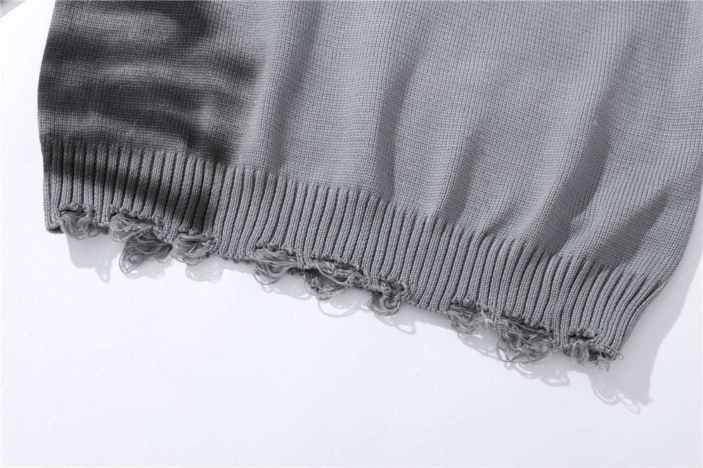 Graffiti Print Crew Neck Knit Sweater Men's Loose Fit Pullover with Hem Holes Street Style Trendy Design