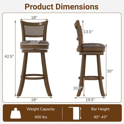 29 Inches Swivel Counter Height Barstool Set of 2 with Rattan Backrest and Footrest-Brown