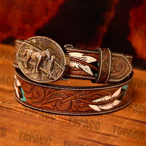 Waist 42-46 inch Western Leather Feather Belt - Block Buckle