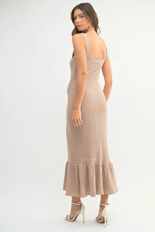 Ruffled Hem Sleeveless Crochet Knit Midi Dress For Women – Crochet Knit Dress, Ruffled Hem Dress, Sleeveless Midi Dress, Summer Dress, Elegant Knit Dress