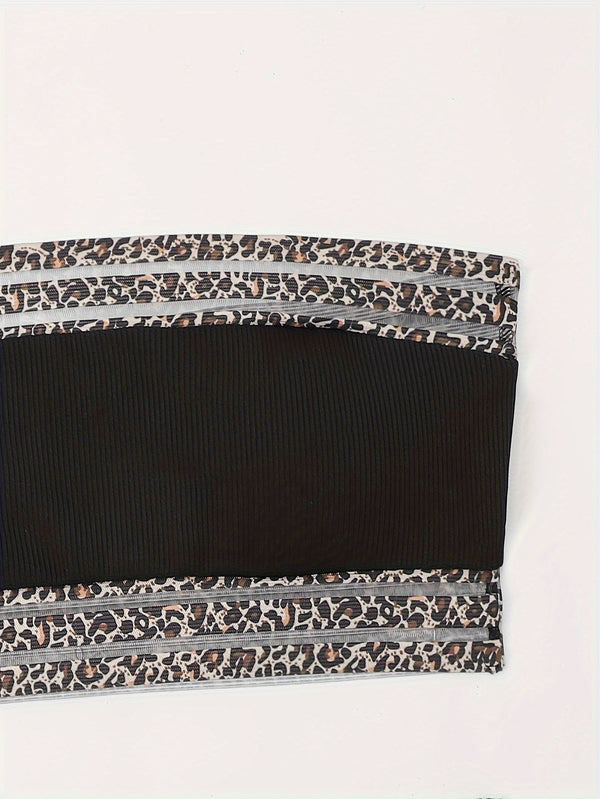 Bikini Leopard Print High Waist Bandeau 2 Piece Swimsuit for Women – Super Stretchy Bikini Set with Seductive Mesh Detail and Flattering Fit – Chic Animal Print Swimwear for Beachwear Poolside and Summer Vacations