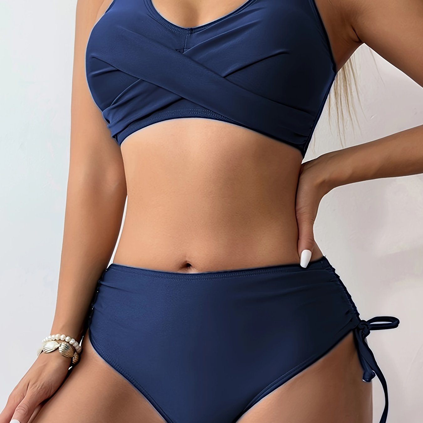 Bikini Twist Front V Neck High Waist 2 Piece Bikini Set for Women – Stretchy Tie Back Swimsuit with Drawstring Lace Up and Comfortable Fit – Trendy Solid Color Swimwear for Beach Days Pool Parties and Summer Vacations