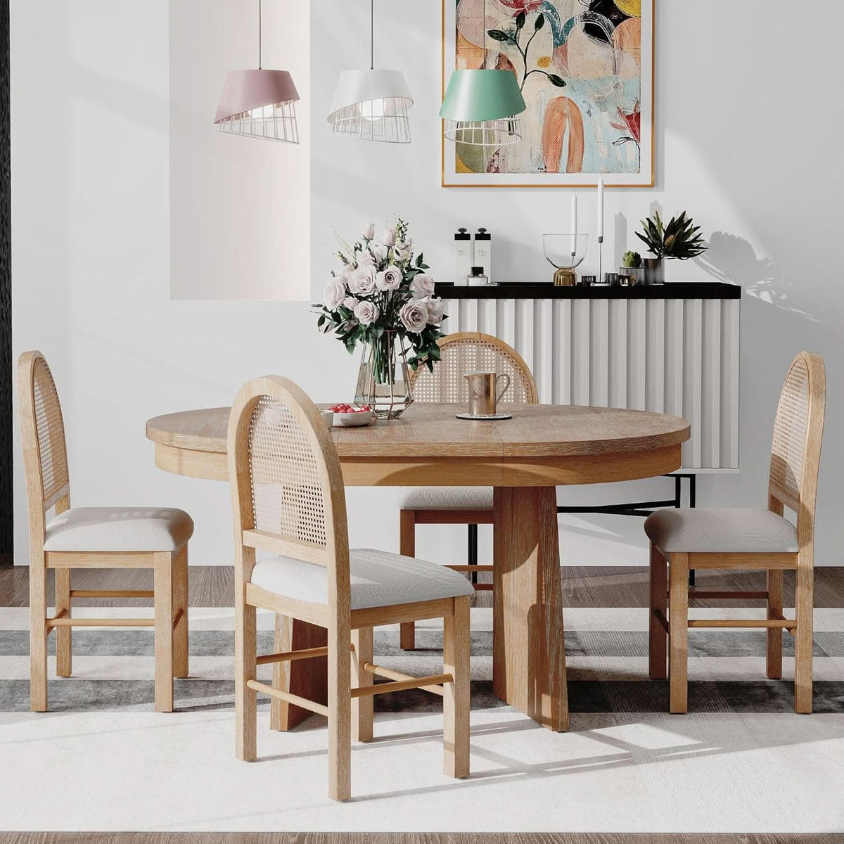 Retro Solid Wood Dining Set Natural Finish Extendable