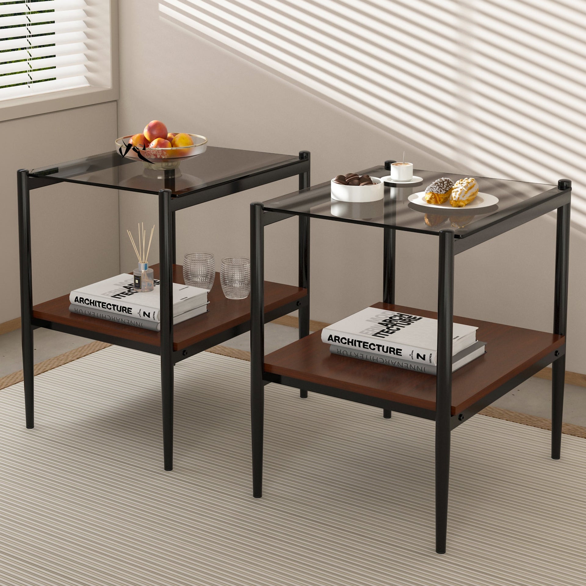 Set of 2 Rectangle End Table Gray Glass