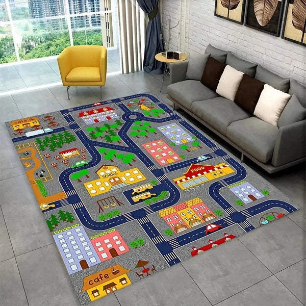 Fun Racing Track Flannel Floor Mat Non-Slip Home Decor Rug For Kids Rooms And Play Areas