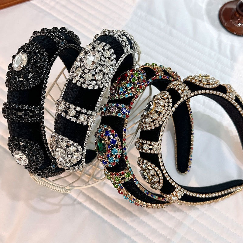 Fashionable retro golden velvet hair hoop with super sparkling color rhinestone sponge head hoop