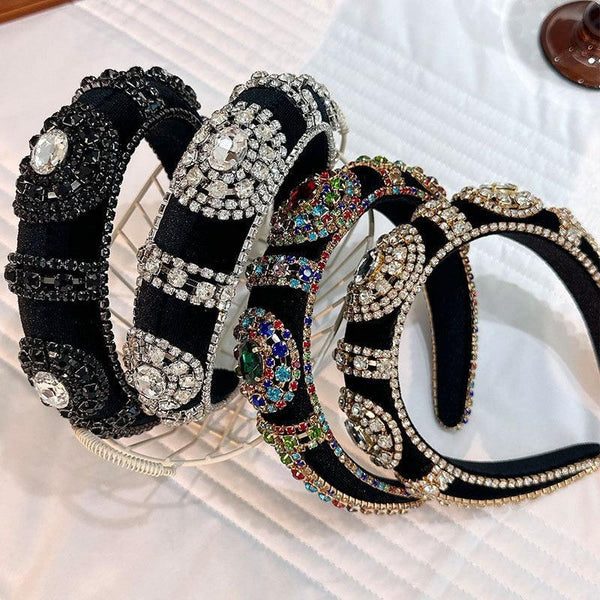 Fashionable retro golden velvet hair hoop with super sparkling color rhinestone sponge head hoop