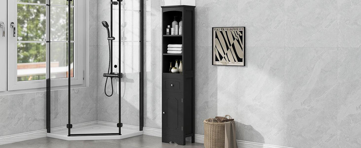 Tall Bathroom Cabinet, Freestanding Storage Cabinet with Drawer, MDF Board, Adjustable Shelf, Black
