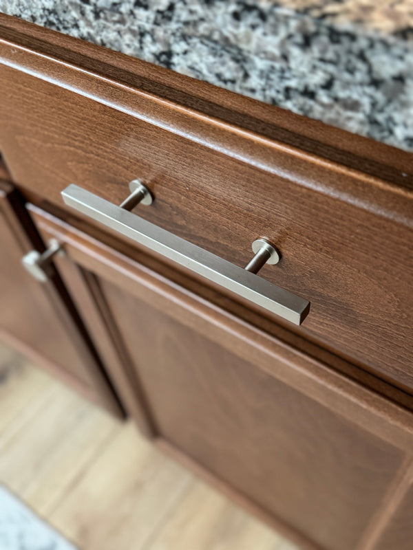 Lew's Square Bar Cabinet Knobs and Pulls in Brushed Nickel