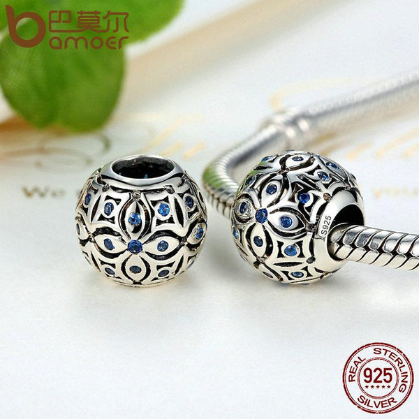 BAMOER 925 Sterling Silver Charms With Blue Crystals Bead Charm fit Bracelets Bangles SCC059