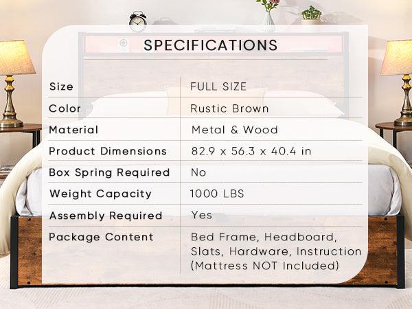 Elevating storage bed frame, full-size bed frame with bookshelf headboard and LED lights, with country brown color