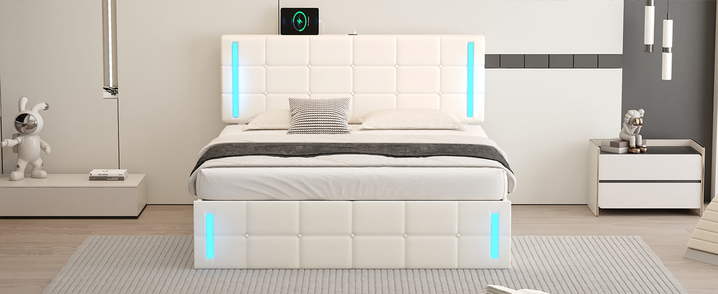Queen Size Upholstered Bed with LED Lights,Hydraulic Storage System and USB Charging Station,White V.I.P Digital Presence
