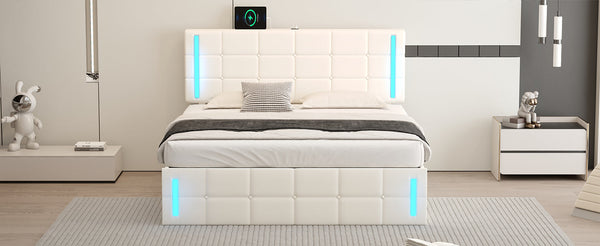 Queen Size Upholstered Bed with LED Lights,Hydraulic Storage System and USB Charging Station,White V.I.P Digital Presence