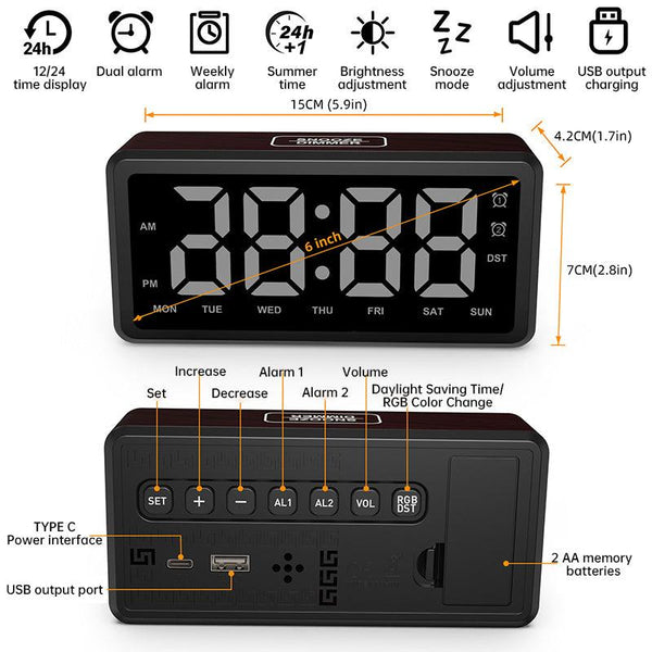 LED Wood-Grain Wooden Clock, RGB Color-Changing Dimming, Daylight Saving Time & Week Display, Desktop Electronic Alarm Clock