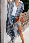 Striped Open Front Longline Cover Up - Dark Gray / One Size