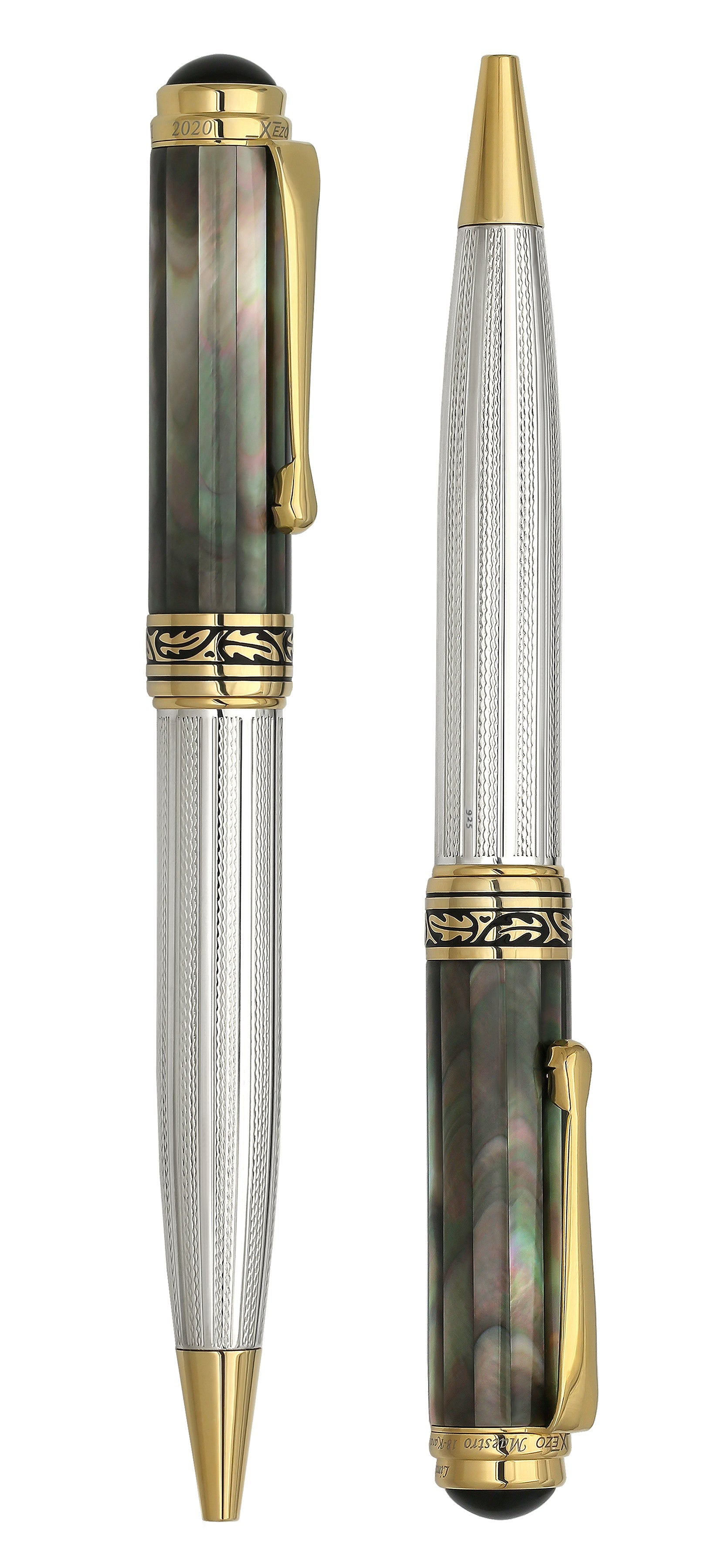 Maestro® 925 Sterling Silver Fountain (Fine Nib) and Ballpoint Pen Set - Tahitian Black Mother of Pearl Cap