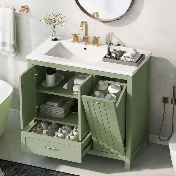 36 inch bathroom vanity with sink, one double door cabinet one large drawer and one flip drawer solid wood and MDF board, green