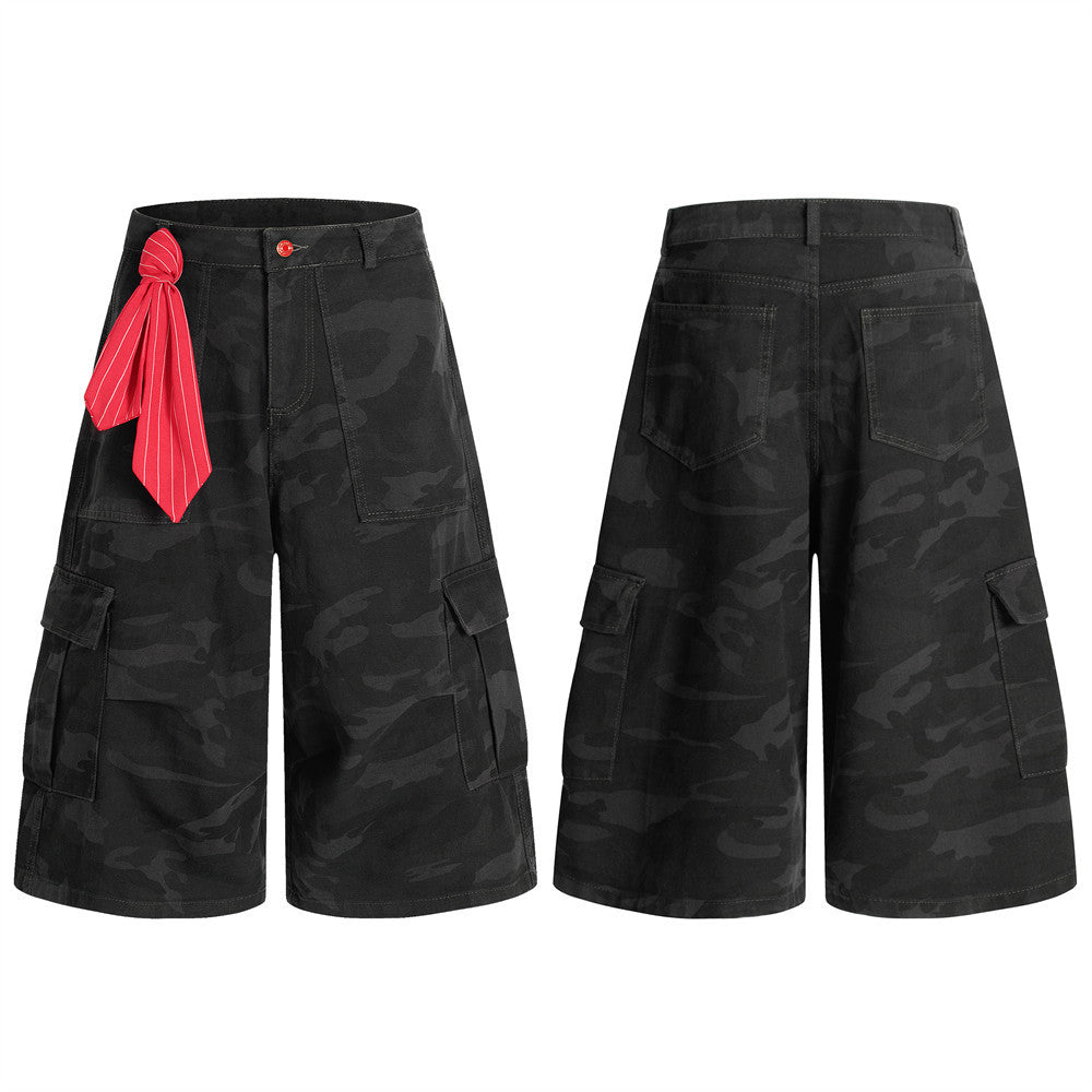 American Retro Camouflage Denim Seven-Quarter Shorts for Men, Loose Wide-Leg Multi-Pocket Design Workwear Five-Quarter Pants Trendy