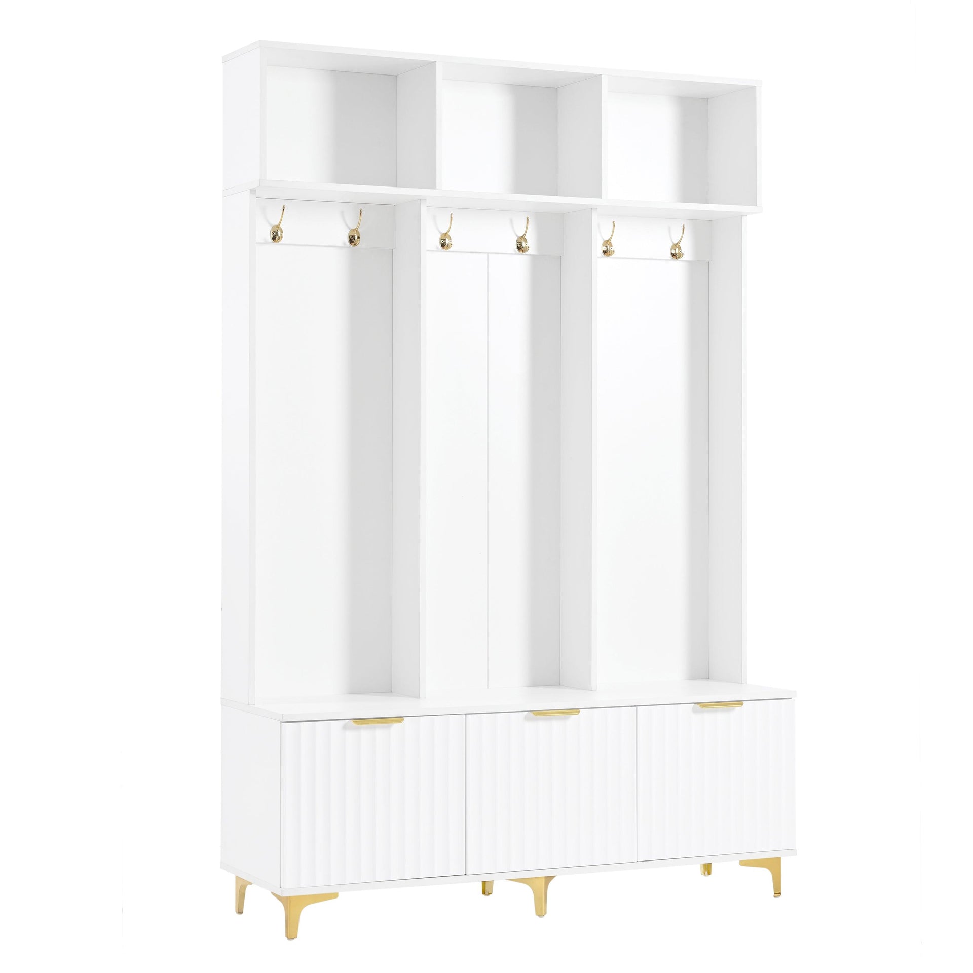 Large storage hall tree with bench, multifunctional storage platform, luxury clothes hanger equipped with 6 gold hooks