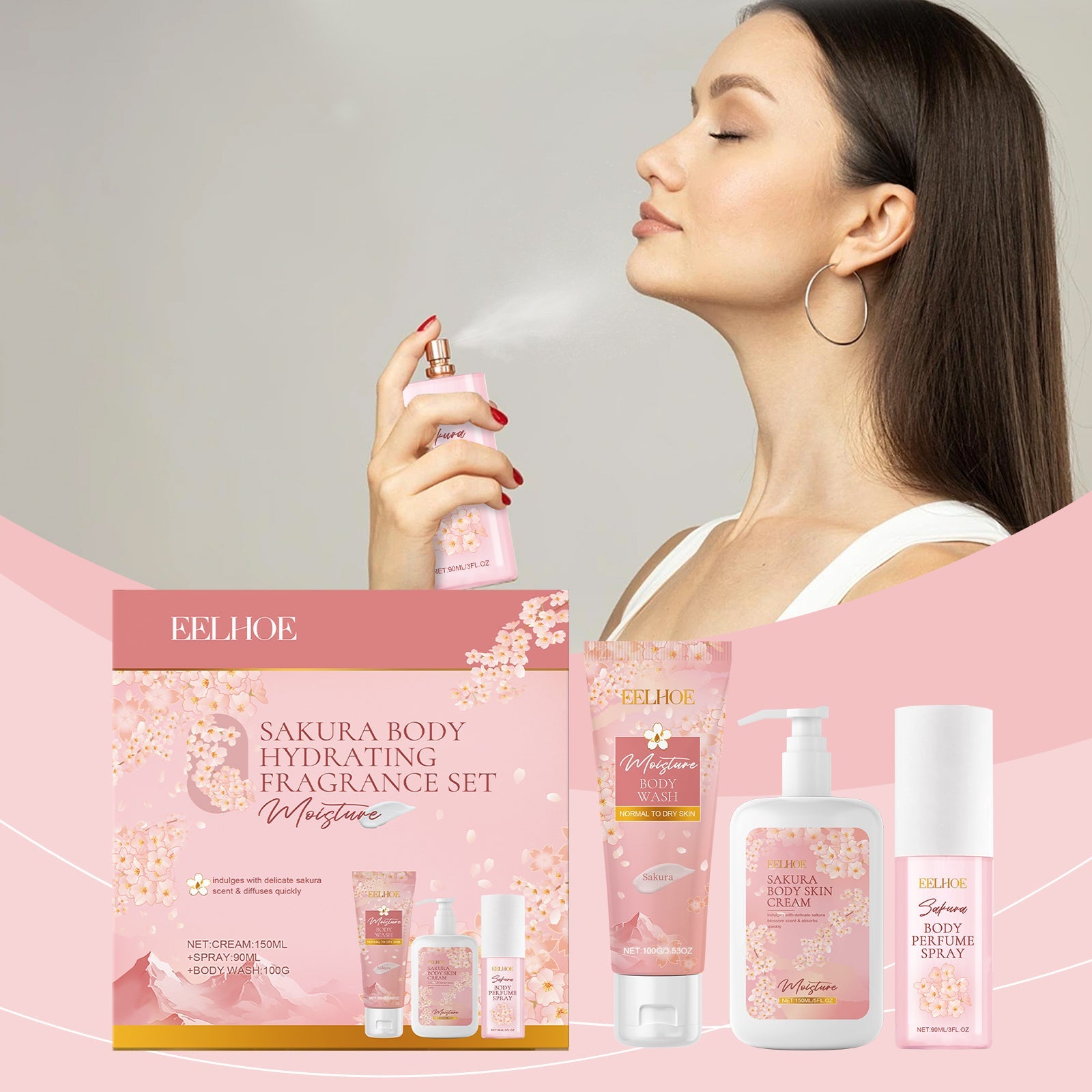 Cherry Blossom Body Care Set, Gentle Cleansing Water Moisturizing And Nourishing Skin Fragrance