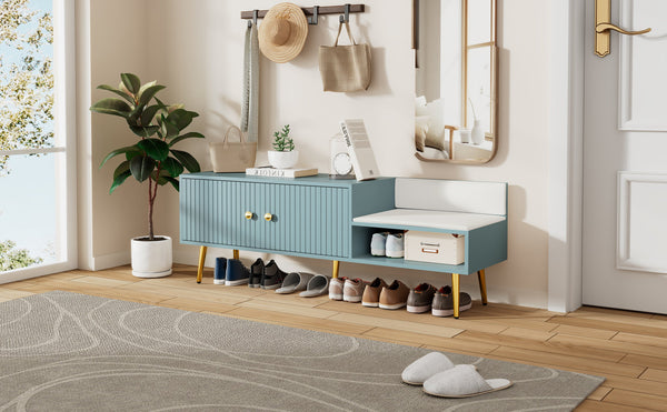 Modern Shoe Storage Bench with Hidden Storage and Upholstered Cushions for Bedside, Living Room and Entryway (Tiffany Blue)