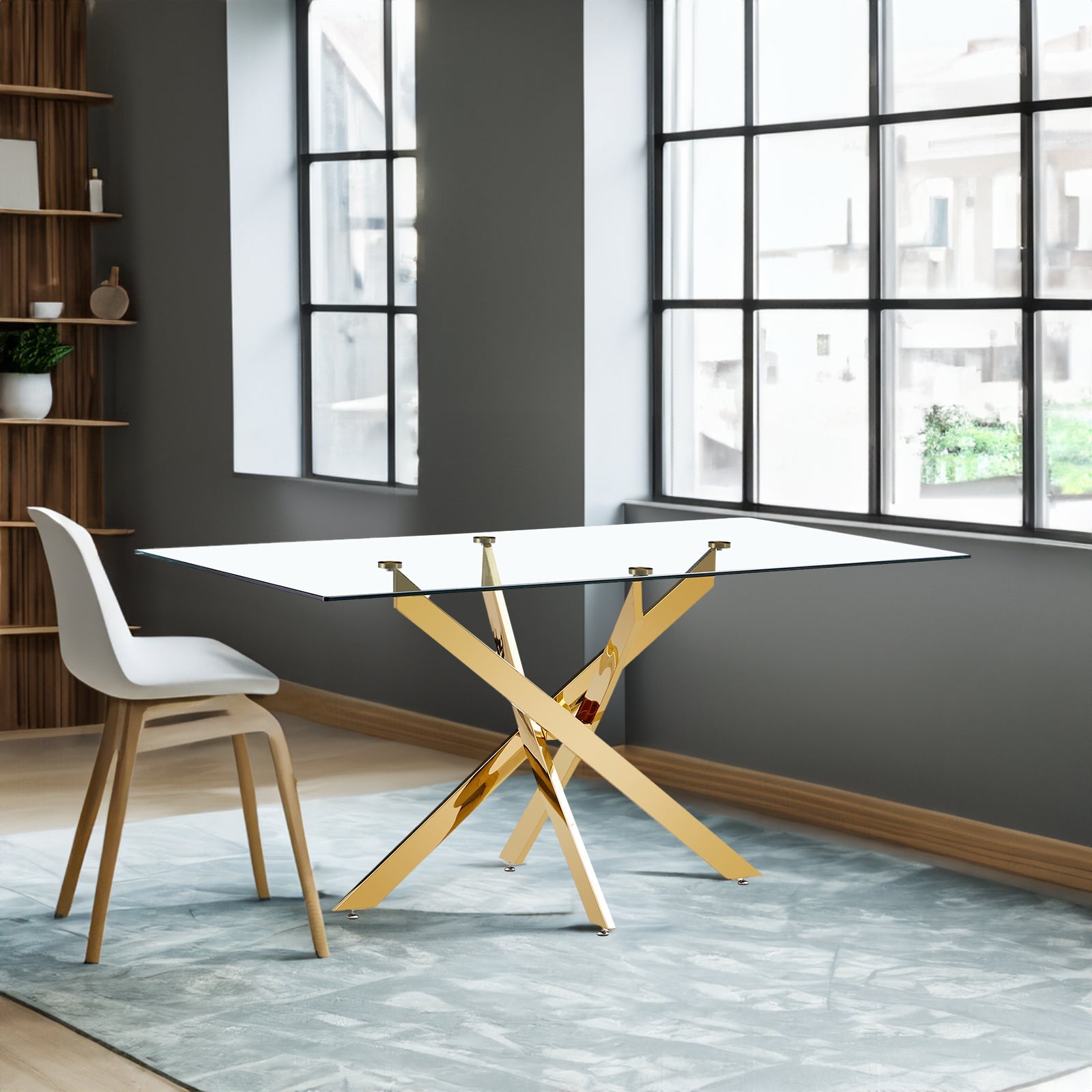 TEMPERED CLEAR GLASS GOLDEN LEG DINNING TABLE 63