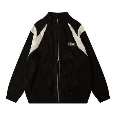 Color Block Zipper Cardigan Sweater Men's Autumn Street Style Stand Collar Long Sleeve Loose Knitwear