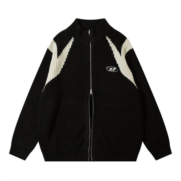 Color Block Zipper Cardigan Sweater Men's Autumn Street Style Stand Collar Long Sleeve Loose Knitwear