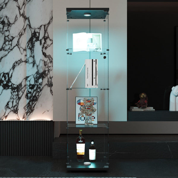 4 LED light glass display cabinets with door shelves, floor standing antique bookshelf, 64.7 