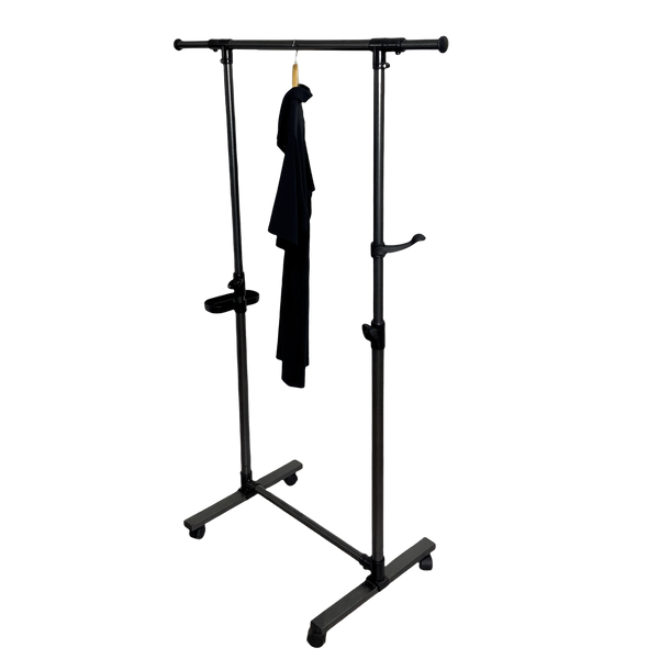 Short clothes hanger with chassis and wheels, heavy-duty rolling clothes hanger, black