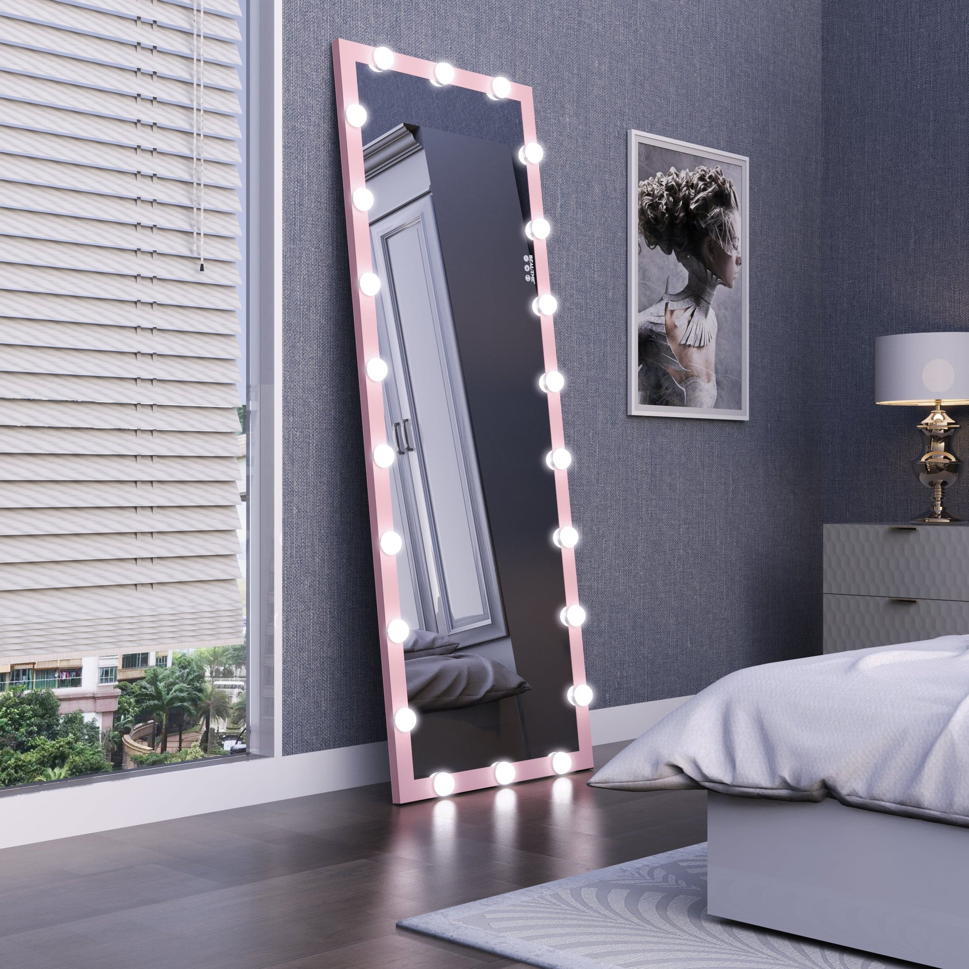 62.6-inch x 23.3-inch pink Hollywood illuminated full body vanity mirror with 3 color modesstanding floor mirror touch control