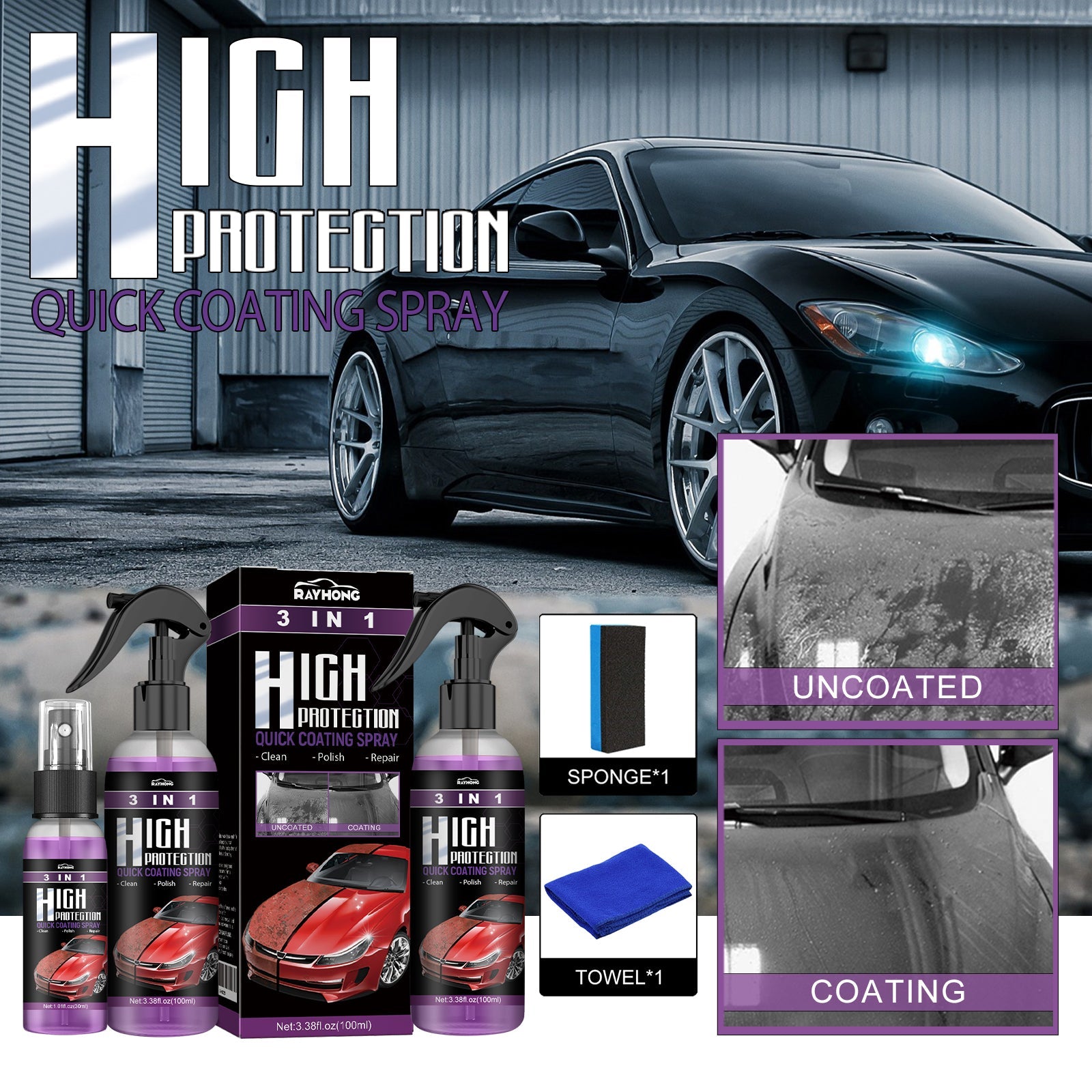 3 In 1 High Protection Quick Car Coating Spray, Diy Paint Change Color Cleaning Coating Spray