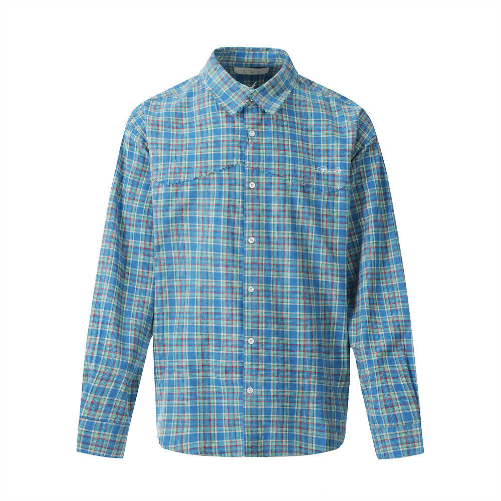 Plaid Long Sleeve Shirt Men's Spring Autumn Japanese Style Versatile Loose Casual Spliced Frayed Plaid Dress Shirt