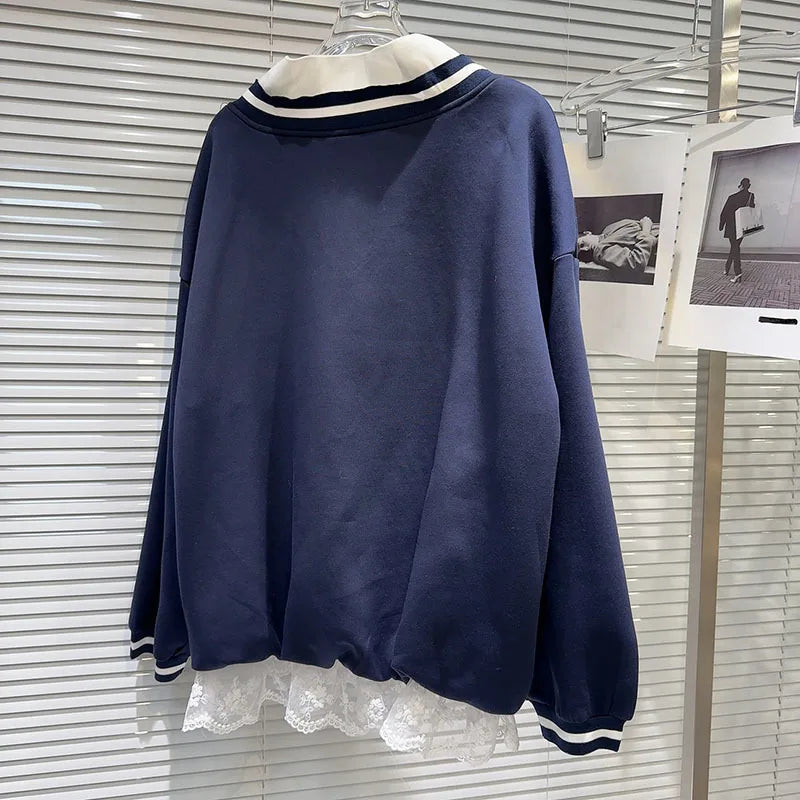 Autumn New Fashion Women's Set V-neck Digital Pattern Embroidered Hoodie Elastic Waist Lace Edge Shorts