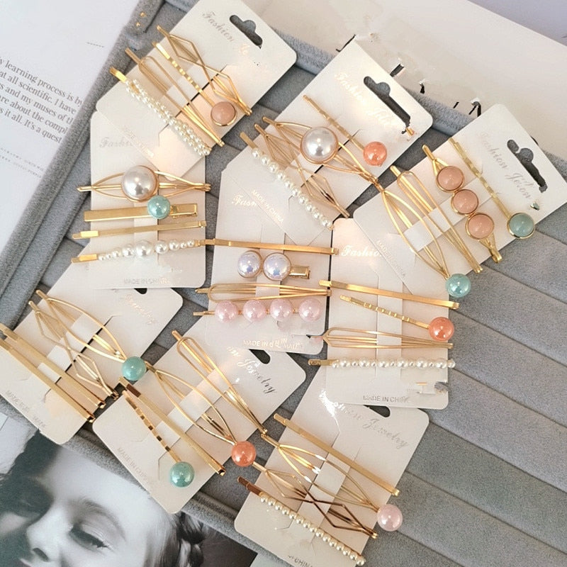 4PCS Korea Fashion Metal Hairpins Imitiation Pearl Colorful Beads Hair Clips for Women Irregular Geometric Hair Accessories