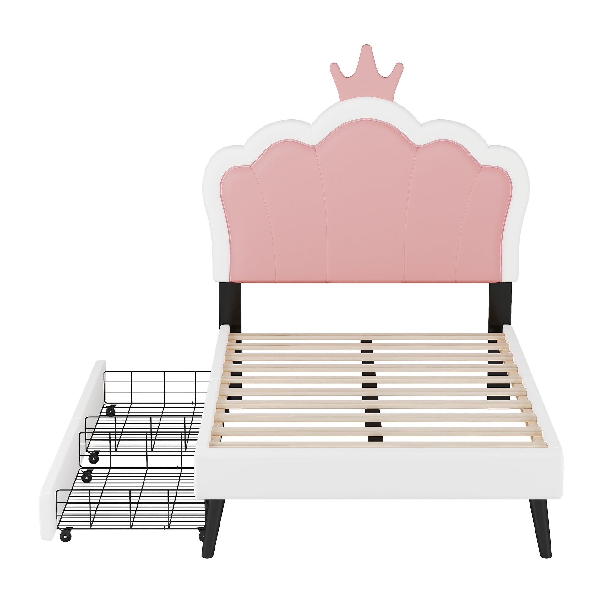 Twin cushion princess bed with crown headboard and 2 drawers with headboard and footrest, pink+white