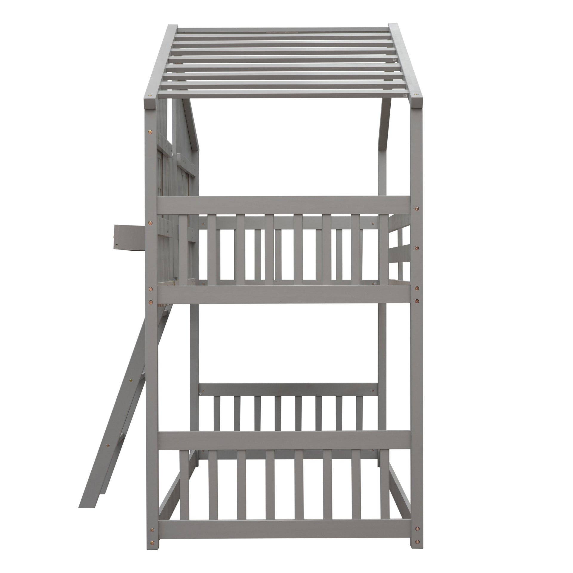 Twin over Twin House Bunk Bed with Roof , Window, Window Box, Door , with Safety Guardrails and Ladder, Grey