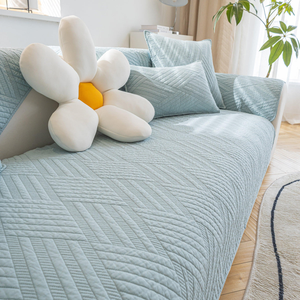 Quilted Geometric Cotton Sofa Cover, Non-Slip & Thick Padded Furniture Covers