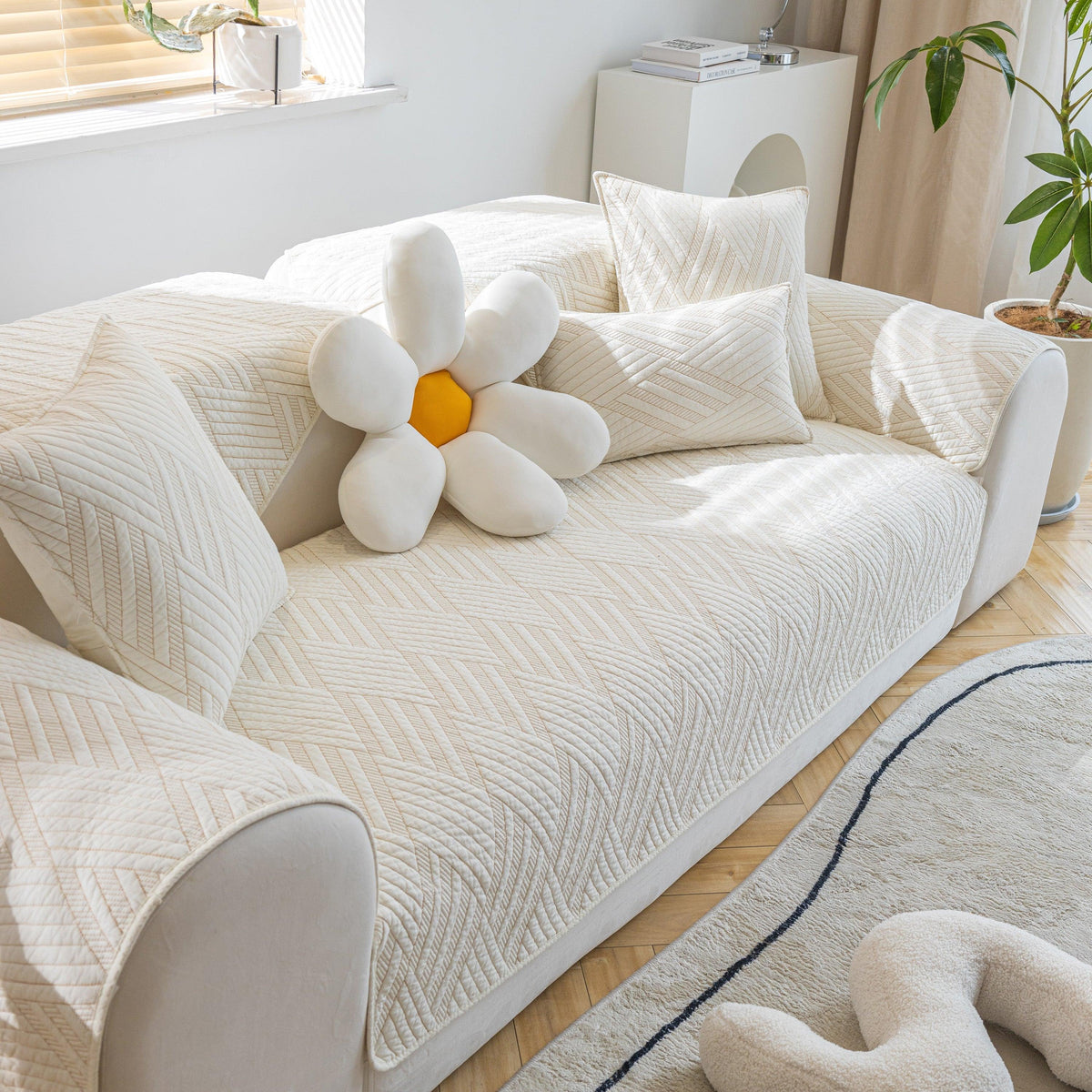 Quilted Geometric Cotton Sofa Cover, Non-Slip & Thick Padded Furniture Covers