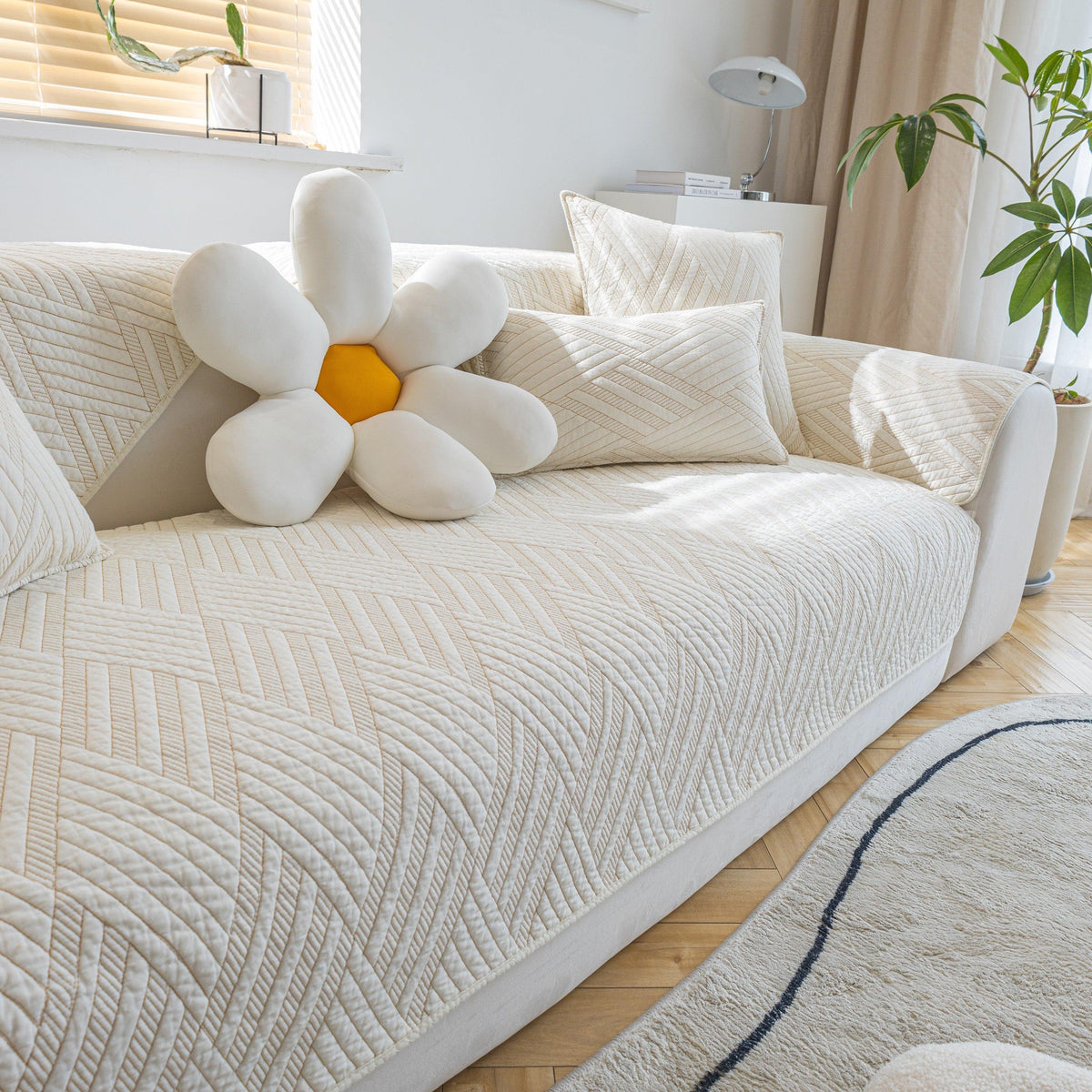 Quilted Geometric Cotton Sofa Cover, Non-Slip & Thick Padded Furniture Covers