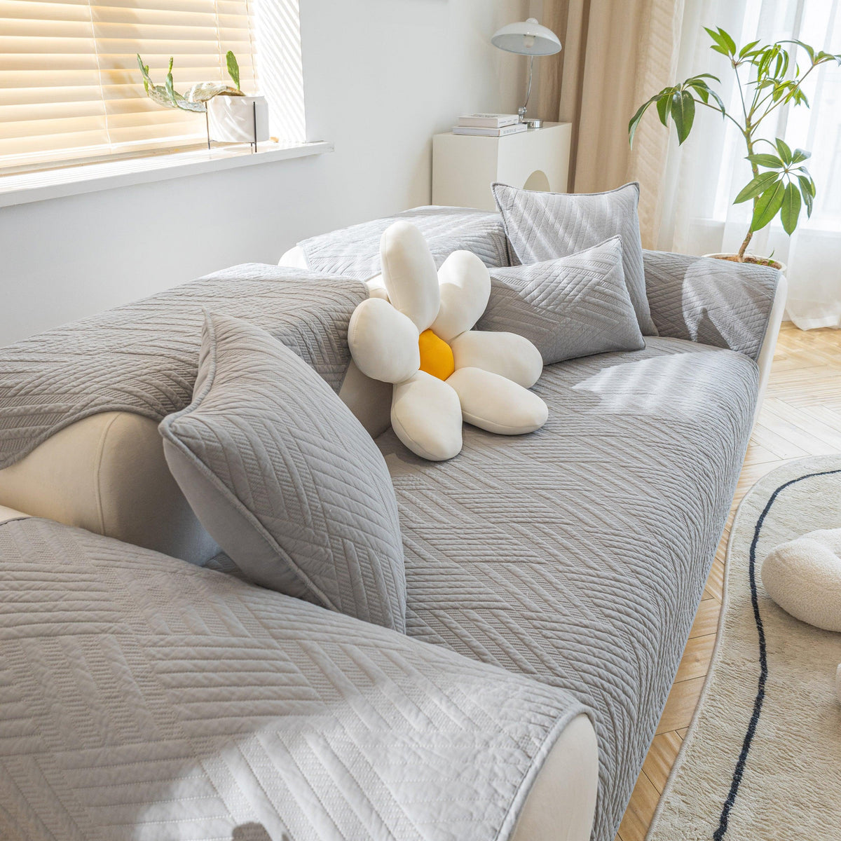 Quilted Geometric Cotton Sofa Cover, Non-Slip & Thick Padded Furniture Covers