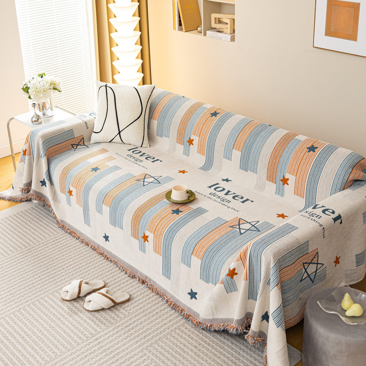 Geometric Chenille Sofa Throw Cover, Breathable Couch Protector with Tassel Fringe