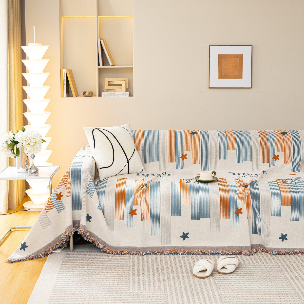 Geometric Chenille Sofa Throw Cover, Breathable Couch Protector with Tassel Fringe