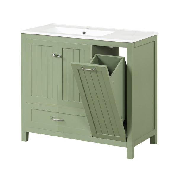 36 inch bathroom vanity with sink, one double door cabinet one large drawer and one flip drawer solid wood and MDF board, green