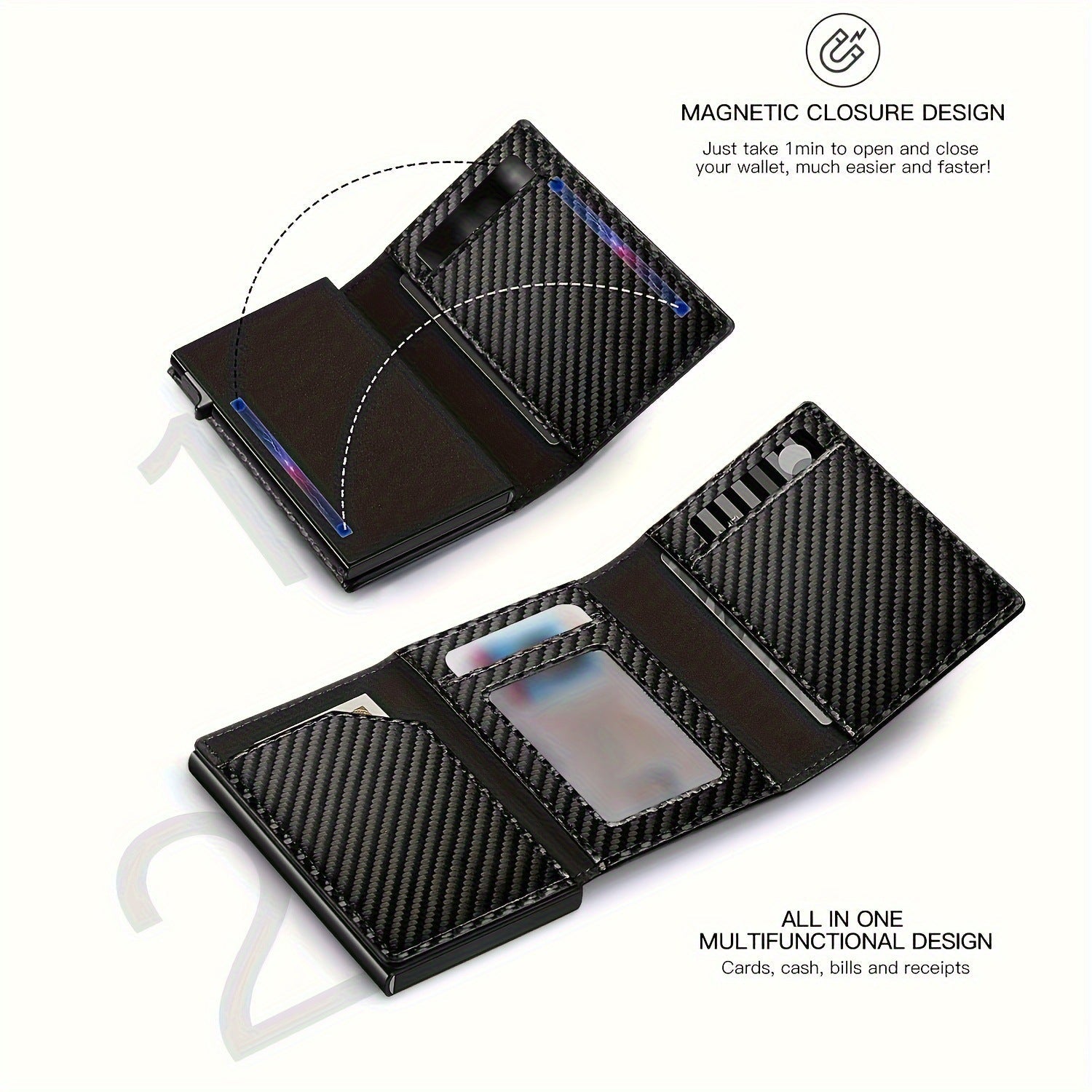 Men's Carbon Fiber Magnetic Card Clip PU Leather RFID Bank Card Bag Large Capacity Card Clip