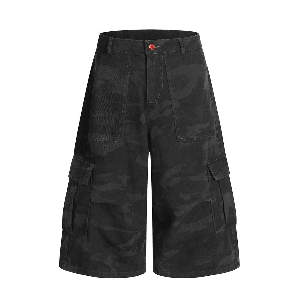 American Retro Camouflage Denim Seven-Quarter Shorts for Men, Loose Wide-Leg Multi-Pocket Design Workwear Five-Quarter Pants Trendy