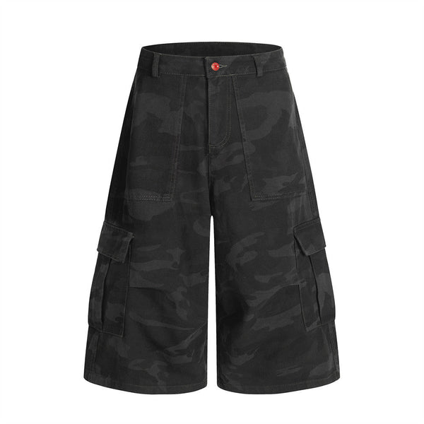 American Retro Camouflage Denim Seven-Quarter Shorts for Men, Loose Wide-Leg Multi-Pocket Design Workwear Five-Quarter Pants Trendy