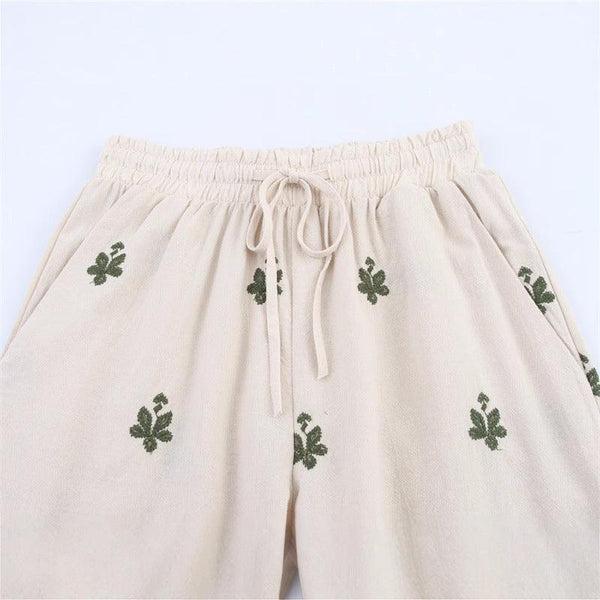 Elastic Waist Tied Embroidered Wide Leg Pants for WomenStyle Fashion Casual