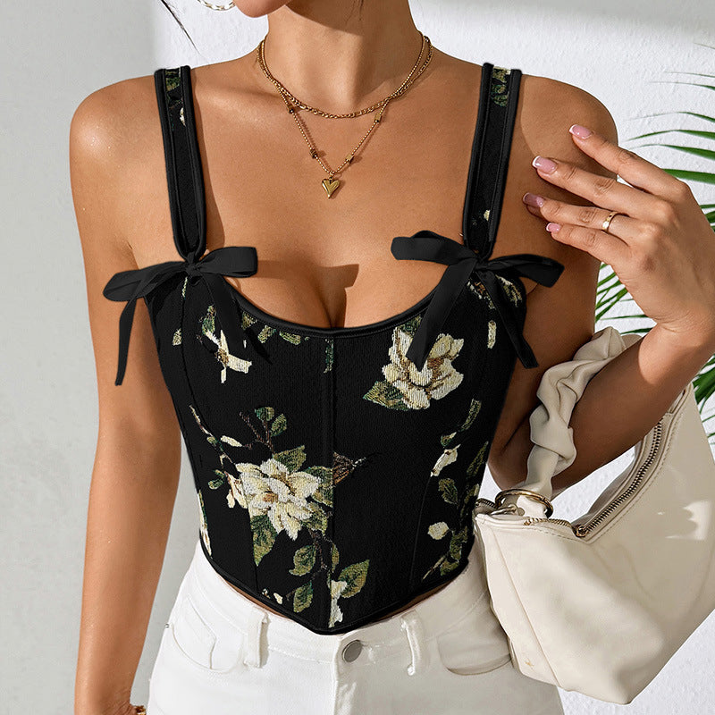 French floral retro vest with floral suspender